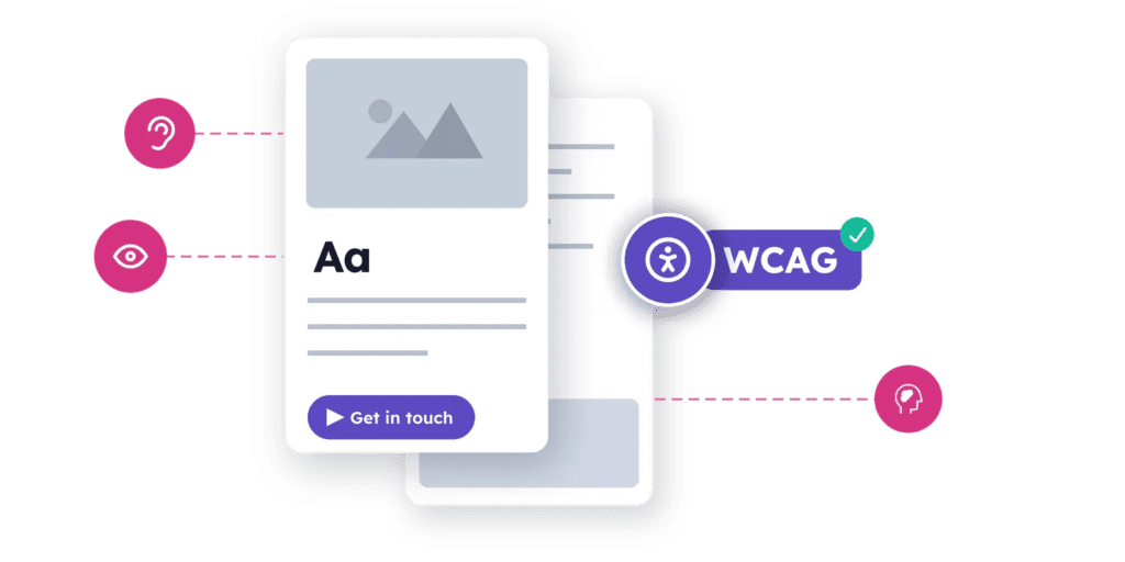 WCAG-compliant web page mockup surrounded by hearing, vision, and cognitive accessibility icons, with a purple WCAG compliance badge.